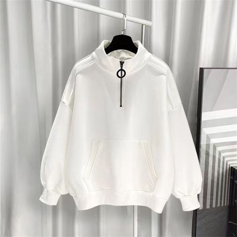 大碼港風百搭寬松運動休閑加絨半高領拉鏈衛衣