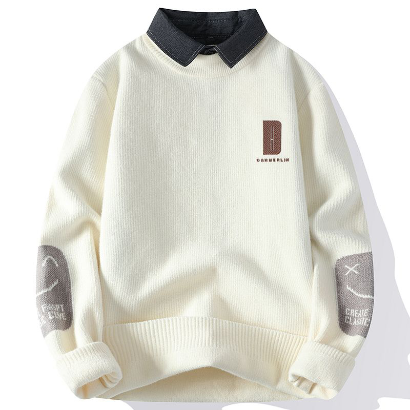 假兩件襯衣領圓領長袖針織衫