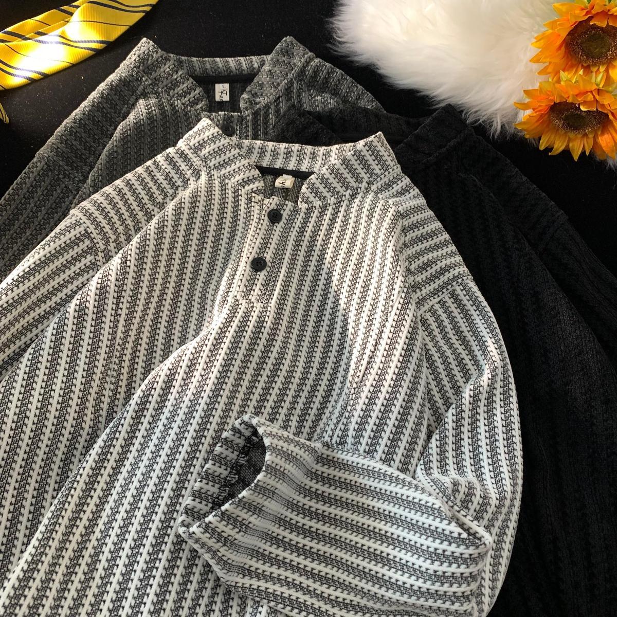 亨利領魚骨紋紐扣黑白條紋拼色打底衫長袖衛衣