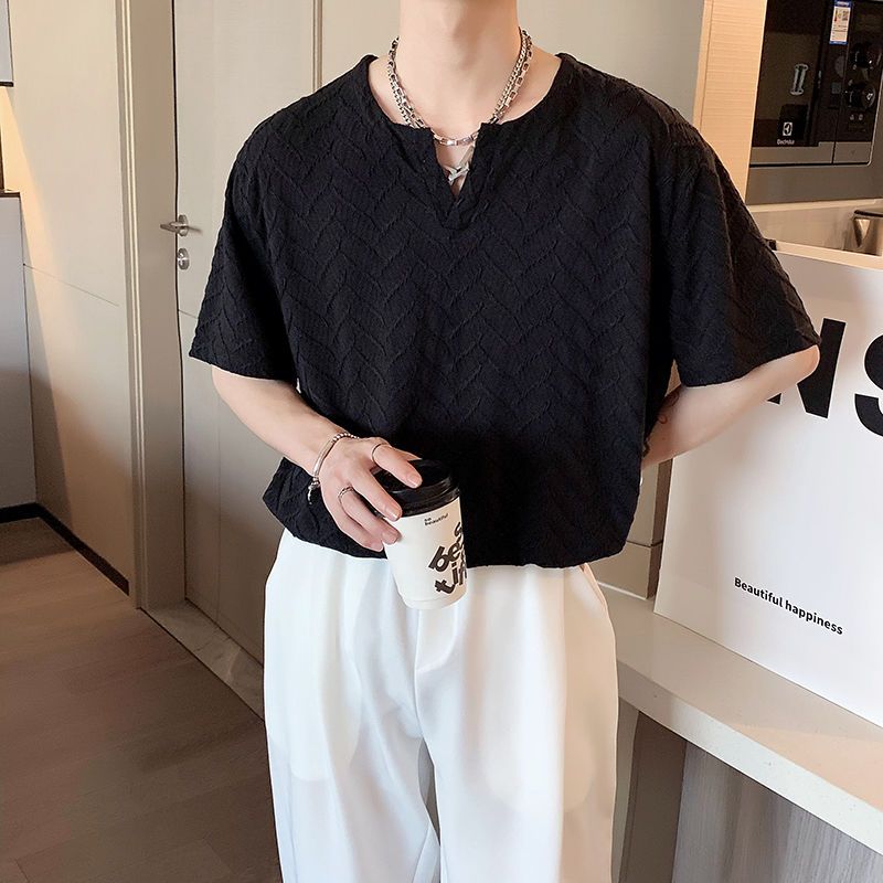 法式高街褶皺ins寬鬆慵懶風魚鱗紋V領短袖t恤衫