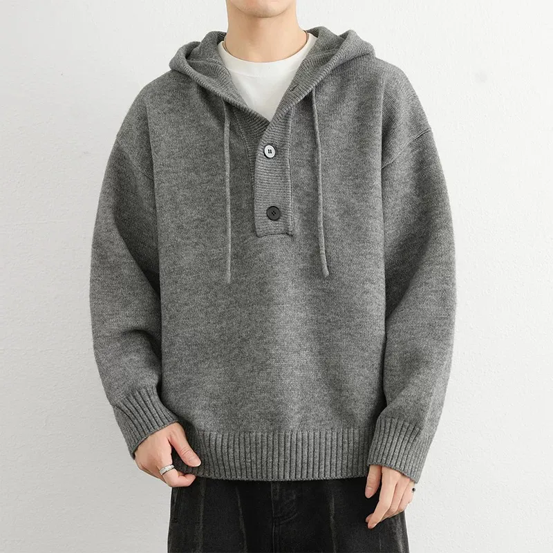 美式慵懶寬鬆休閒港風連帽紐扣情侶針織衫毛衣