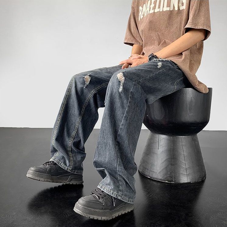 時尚潮流寬鬆闊腿直筒破洞牛仔褲