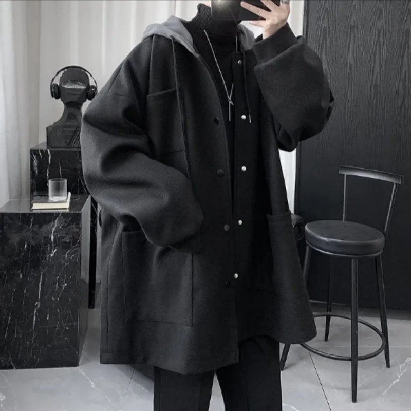 【單件/套裝】中長款夾棉連帽毛呢外套+黑色高領毛衣+加絨百搭西褲三件套裝