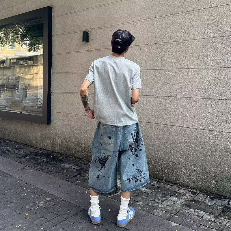 復古美式高街塗鴉男女寬松休閑顯瘦直筒七分牛仔褲