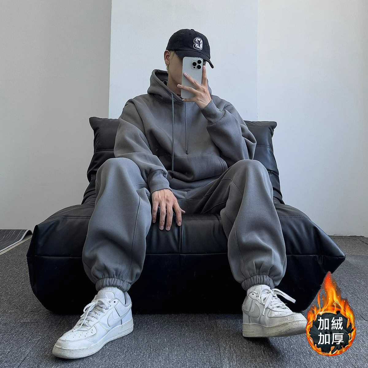 【套裝】簡約高級感街頭長袖衛衣+加絨加厚運動束腳兩件套套裝