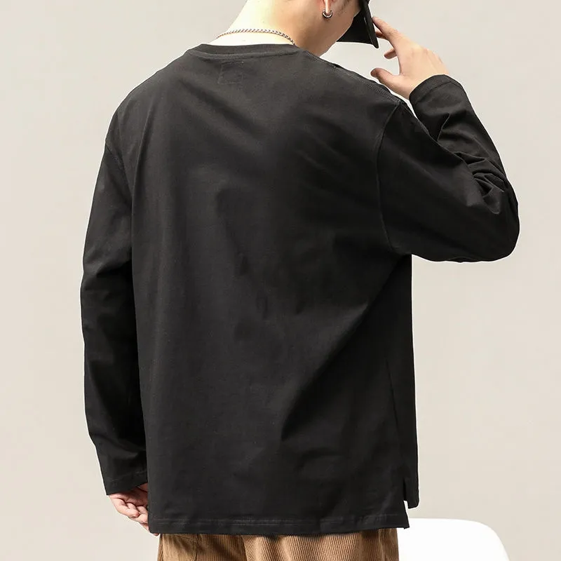 日系簡約寬鬆胸口袋休閒百搭重磅純棉打底衫長袖T恤