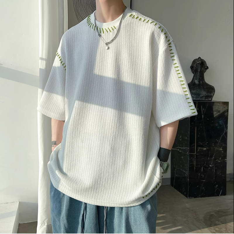 設計感小眾港風帥氣寬鬆休閒圓領五分袖華夫格短袖t恤