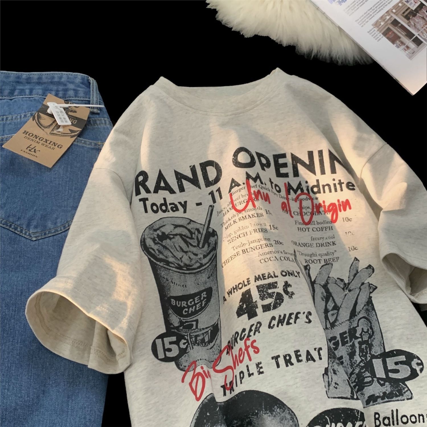 純棉美式潮牌漢堡薯條印花短袖t恤男女寬鬆oversize潮流半袖