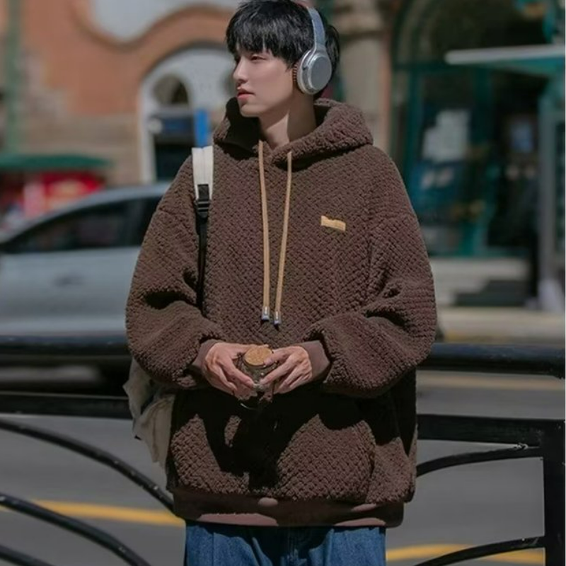 潮牌港風重磅寬鬆刷毛加厚保暖羊羔毛連帽衫