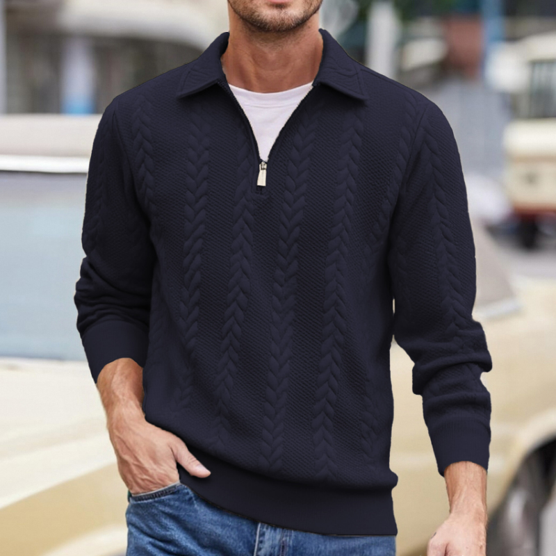 帥氣提花翻領休閒半拉鍊長袖針織衫