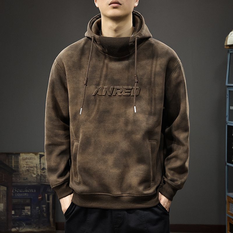 加厚廢土風重磅鋼印寬鬆半高領復古連帽T