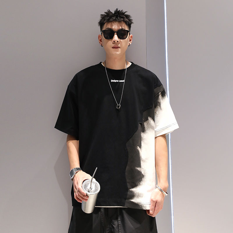 夏季撞色重磅純棉拼接漸變短袖男美式潮牌設計感寬鬆小眾痞帥T恤