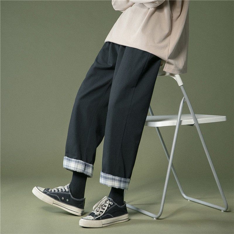 格子翻邊直筒九分褲潮流褲裝