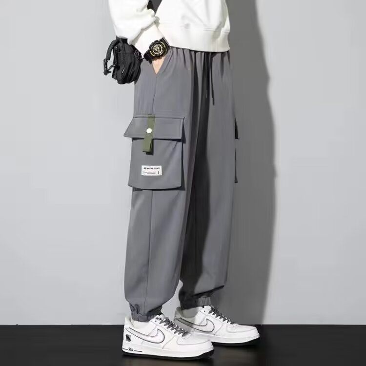潮流百搭運動風大碼多口袋束腳工裝褲
