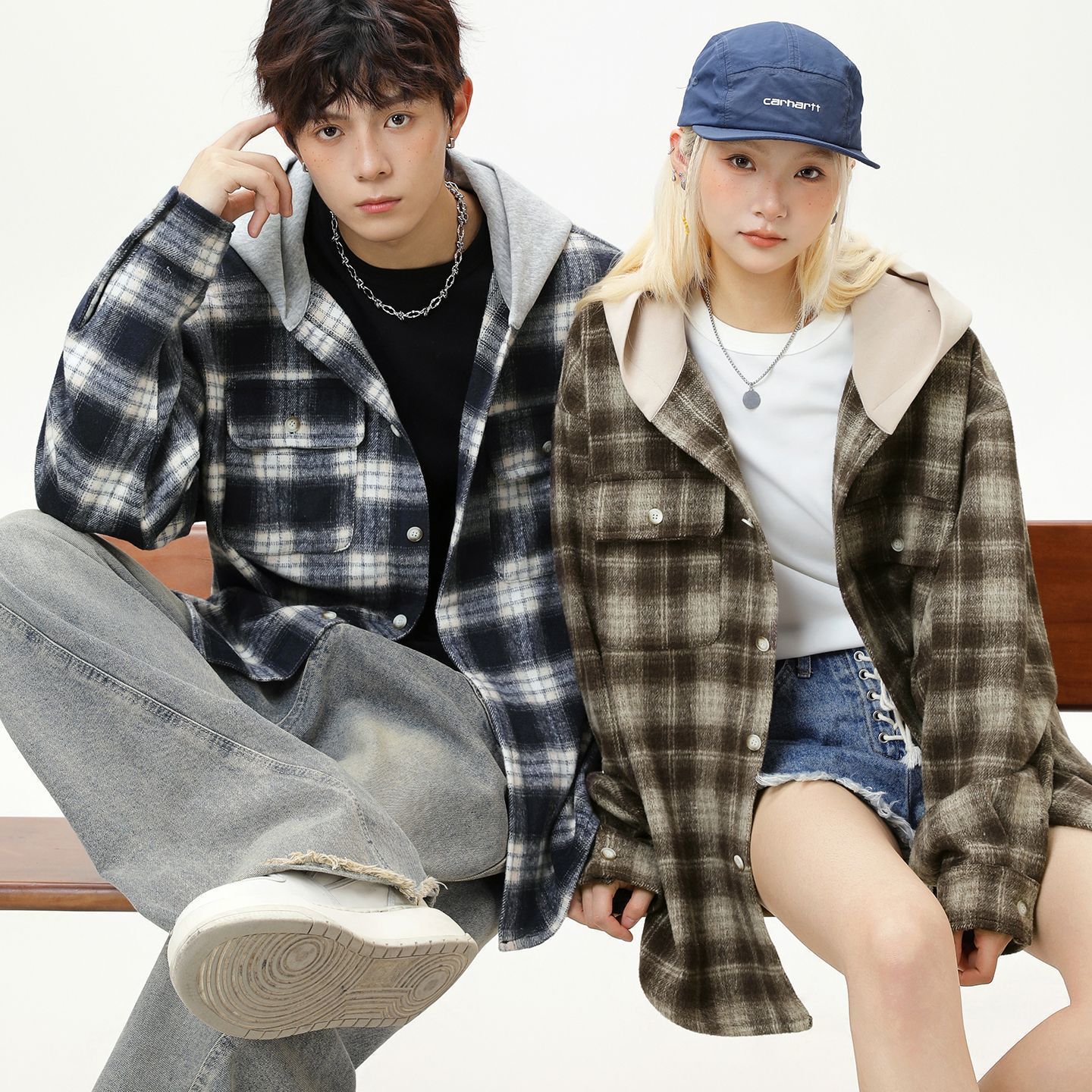 寬鬆復古磨毛格子撞色拼接連帽長袖襯衫外套