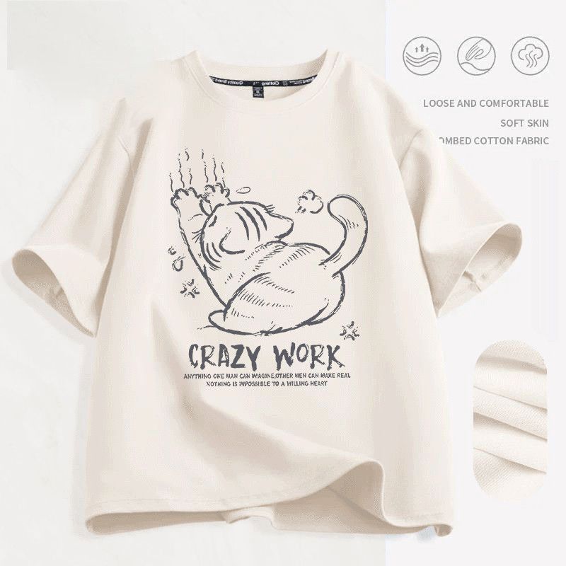 慵懶風貓咪印花純棉寬鬆正肩情侶短袖T恤