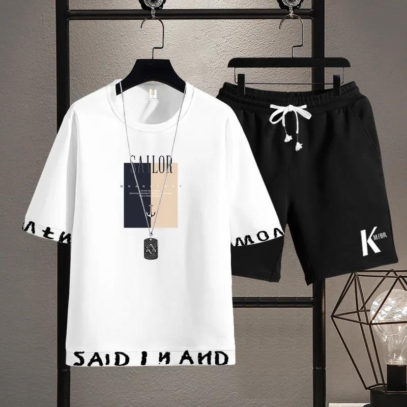 【套裝】韓版運動休閒帥氣短袖T恤+印花系帶短褲褲裝兩件套套裝