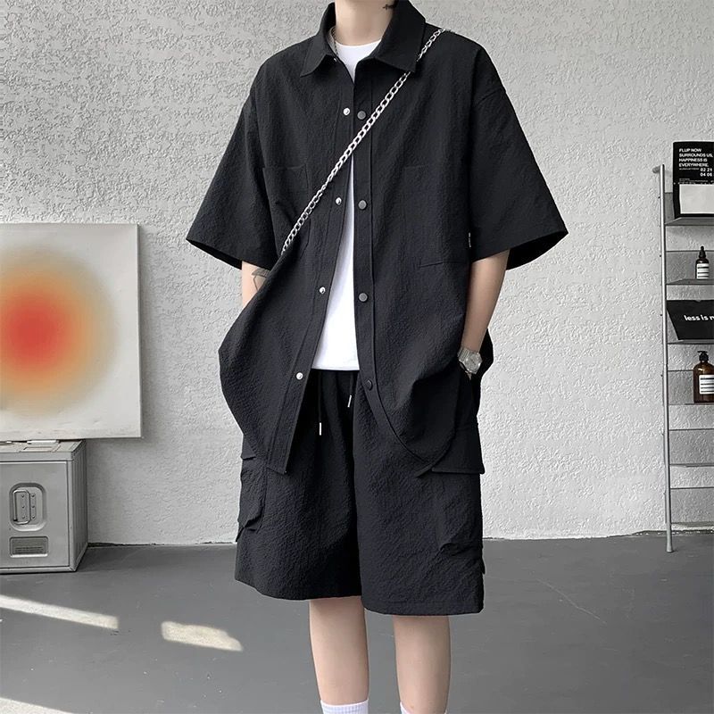 【整套】休閒帥氣潮流百搭款短袖襯衫+五分短褲兩件套裝