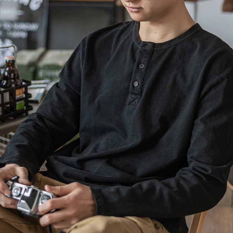 美式復古亨利衫開領長袖打底T恤