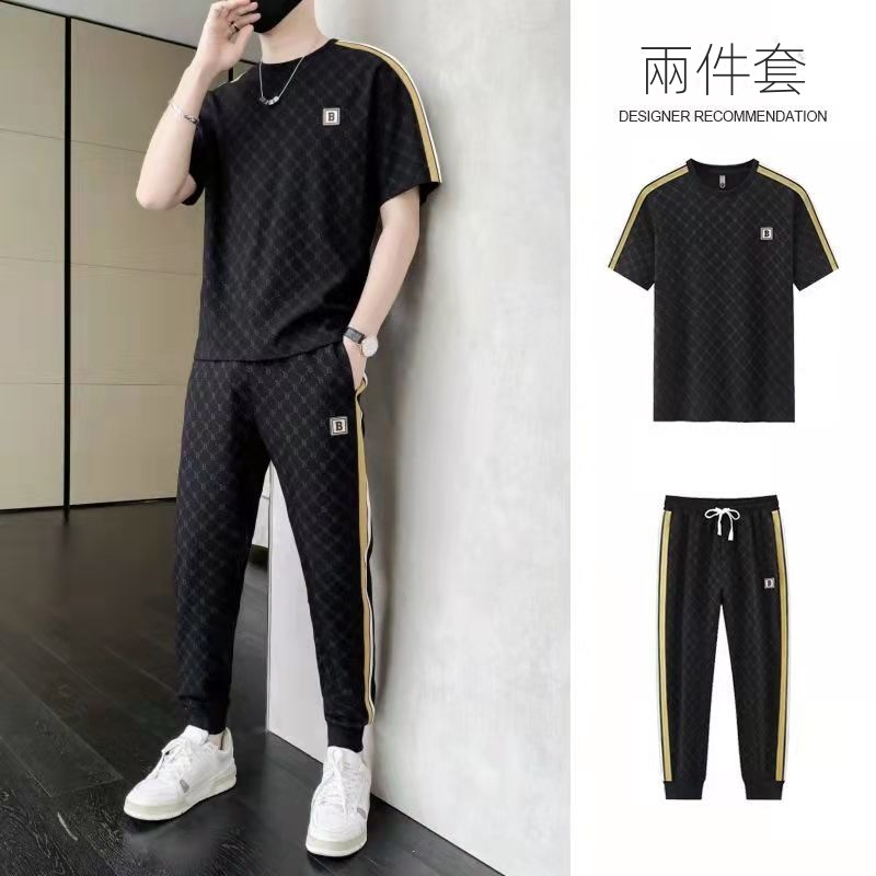 【整套】休閑薄款冰絲帥氣短袖T恤+運動短褲兩件套裝