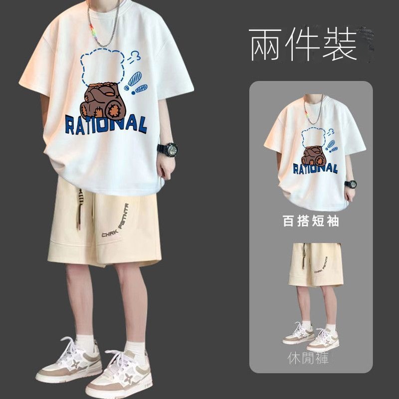 【單件/套裝】休閒百搭潮流寬鬆印花短袖T恤+短褲兩件套裝