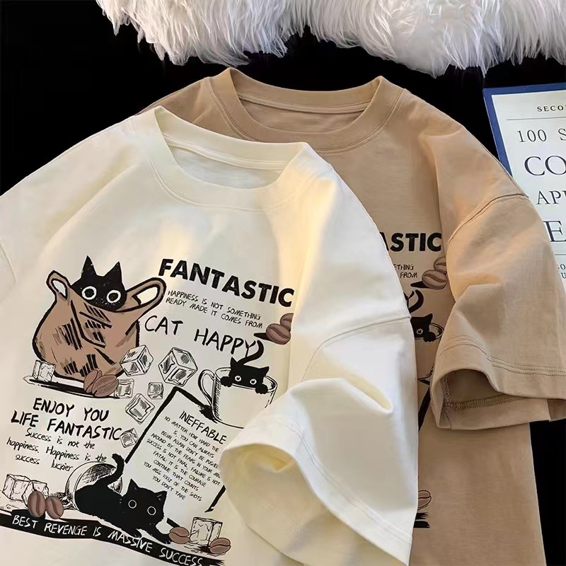 美式復古寬鬆休閒百搭貓貓印花短袖