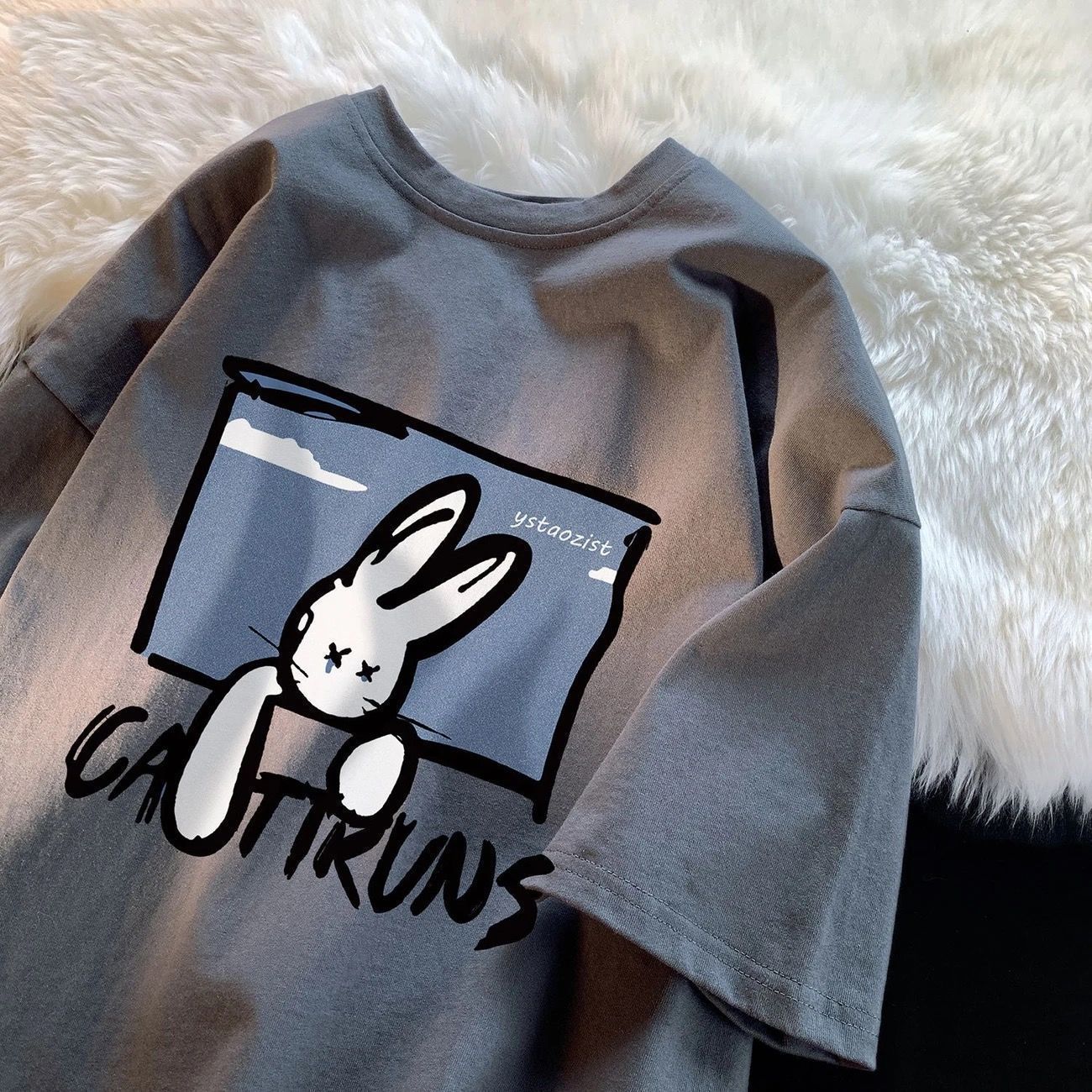 卡通印花寬鬆五分袖百搭寬鬆短袖t恤