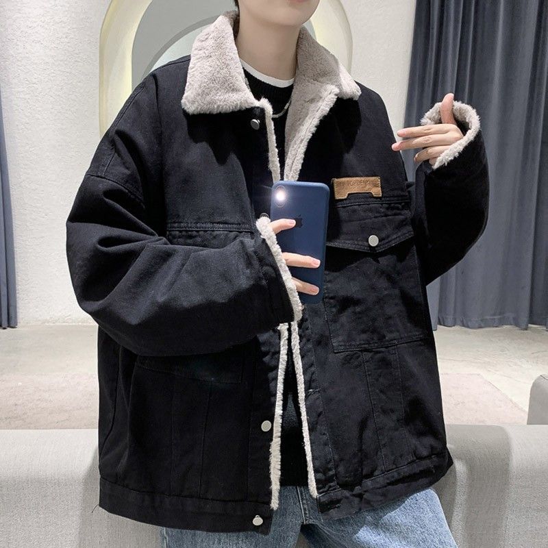 美式帥氣潮流刷毛加厚港風羊羔絨牛仔外套
