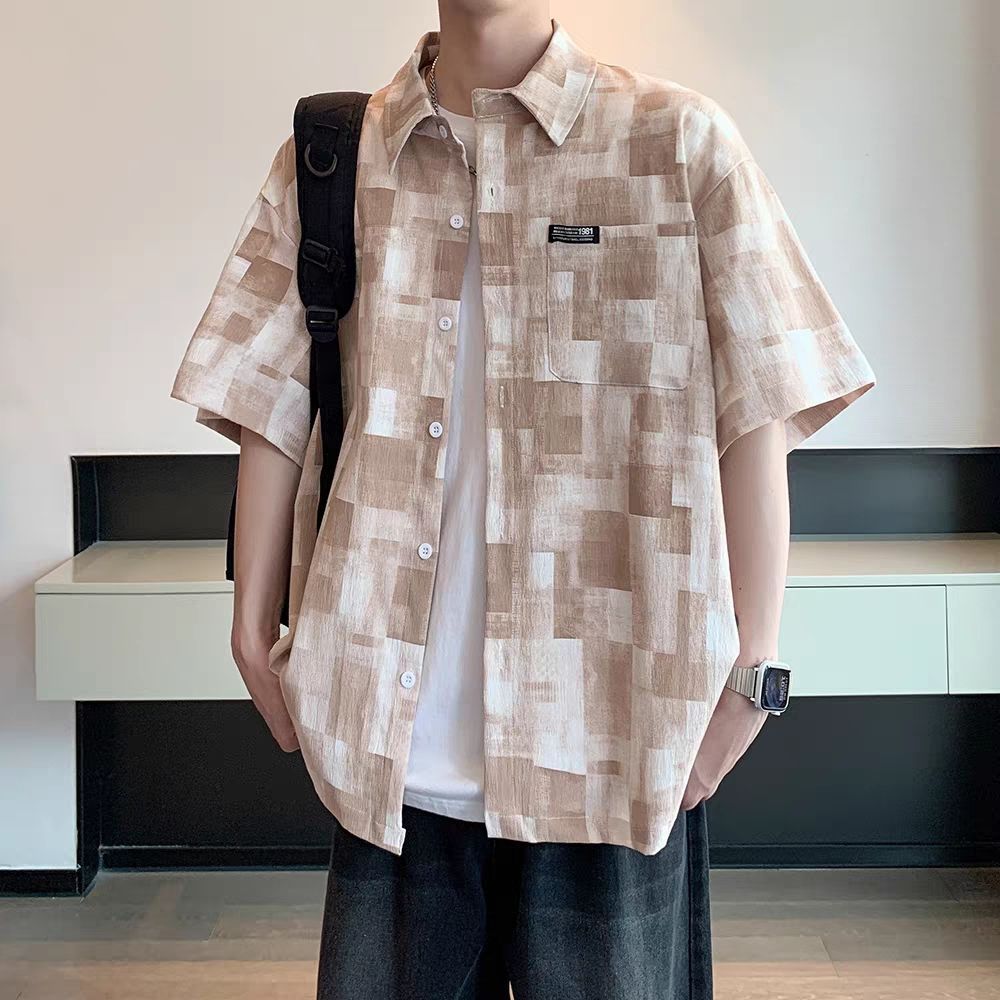 美式復古格子寬鬆薄款痞帥休閑短袖襯衫