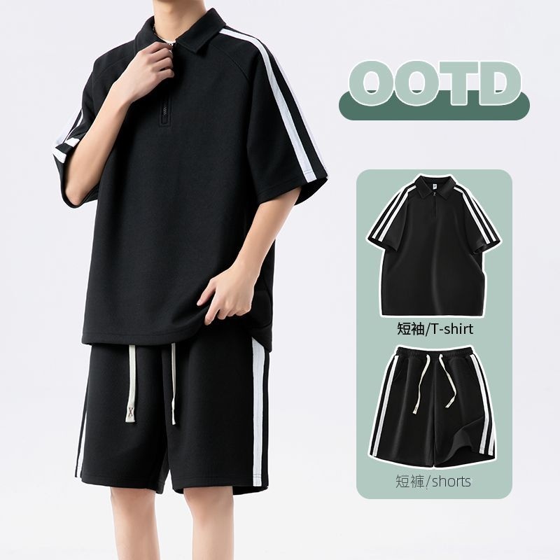 【整套】潮流寬松半拉鏈短袖t恤+運動休閑短褲兩件套