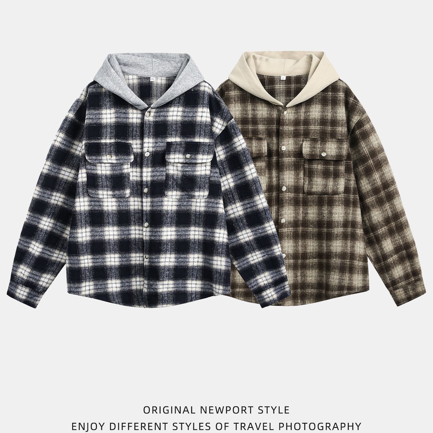 寬鬆復古磨毛格子撞色拼接連帽長袖襯衫外套