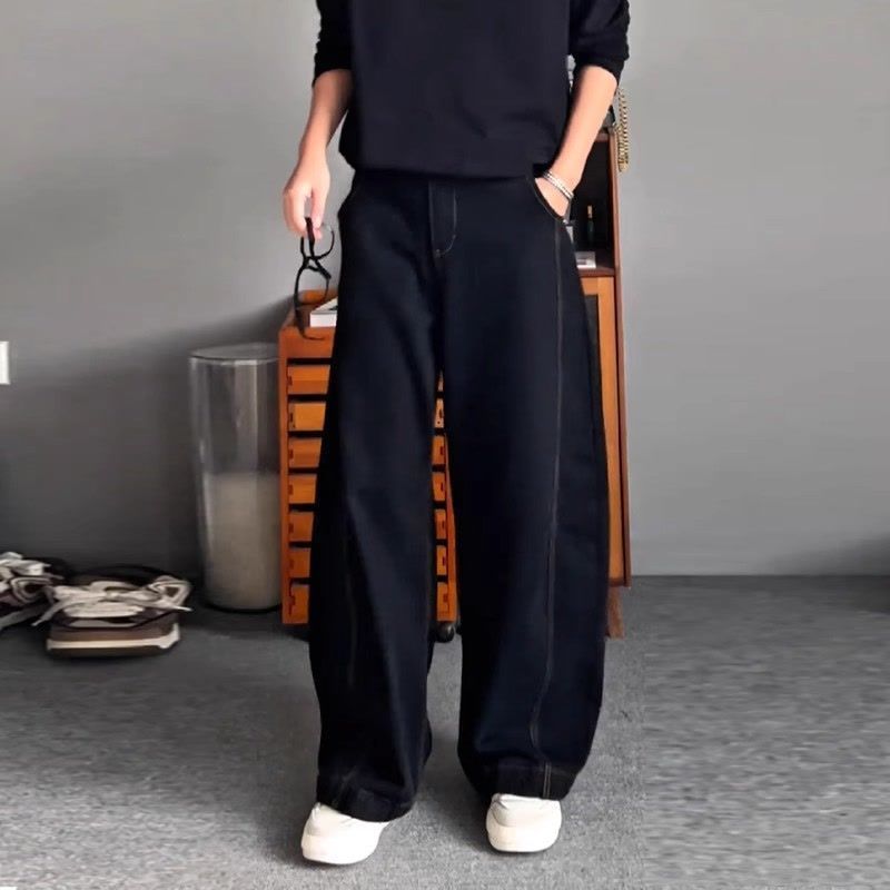 寬版中腰顯瘦百搭大碼闊腿彎刀牛仔褲