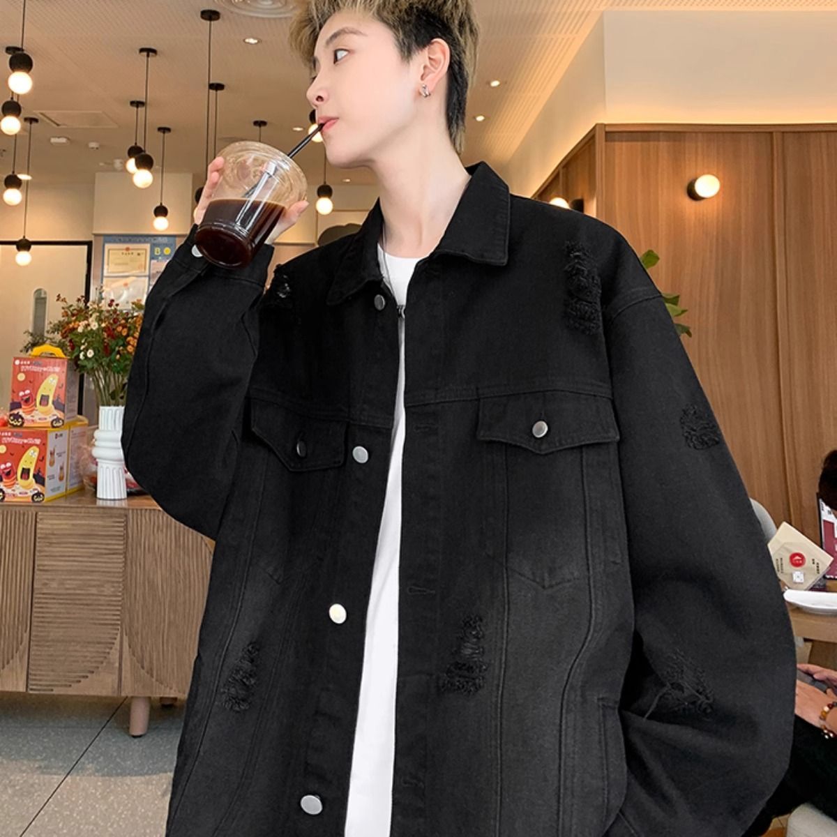 百搭高級感痞帥美式復古工裝夾克破洞牛仔外套