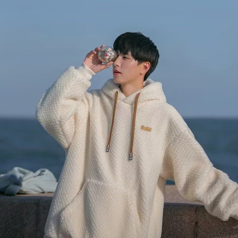 潮牌港風重磅寬鬆刷毛加厚保暖羊羔毛連帽衫