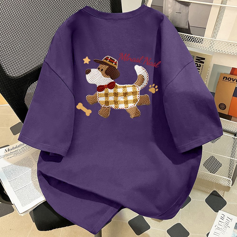 美式潮牌毛絨狗印花寬鬆休閒百搭短袖T恤