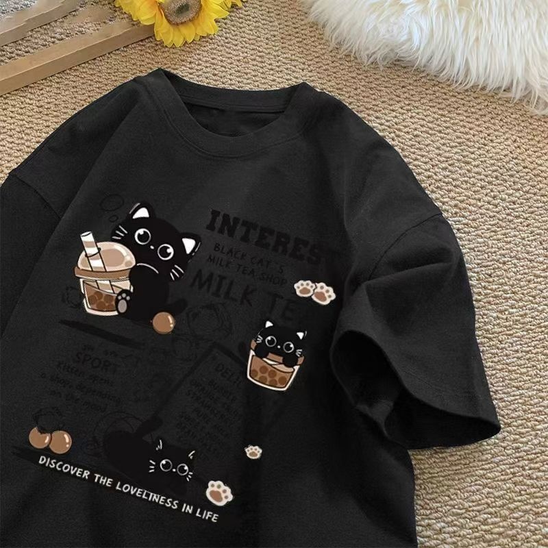 復古貓咪印花重磅港風情侶百搭休閒短袖t恤