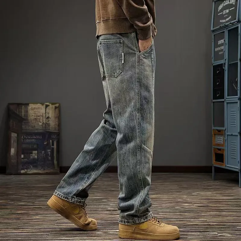 美式復古設計感寬鬆垂感闊腿拼接牛仔褲