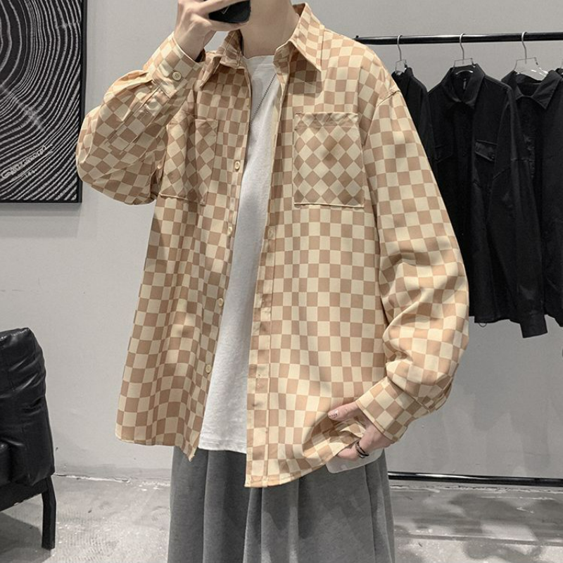 【整套】痞帥帥氣棋盤格襯衣外套+白T恤+百搭休閑褲+項鏈+襪子五件套