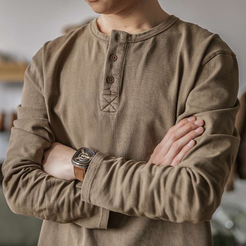 美式復古亨利衫開領長袖打底T恤