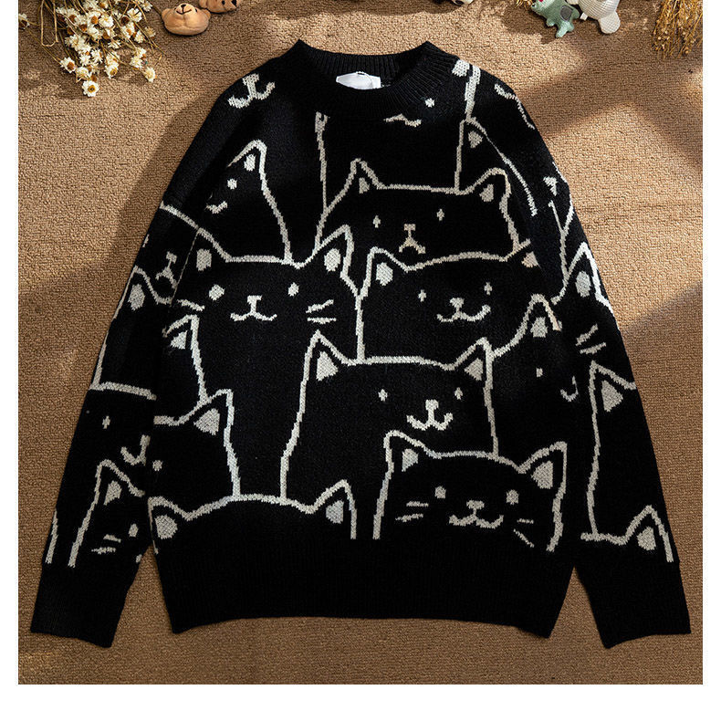 小貓可愛復古慵懶風圓領長袖針織衫