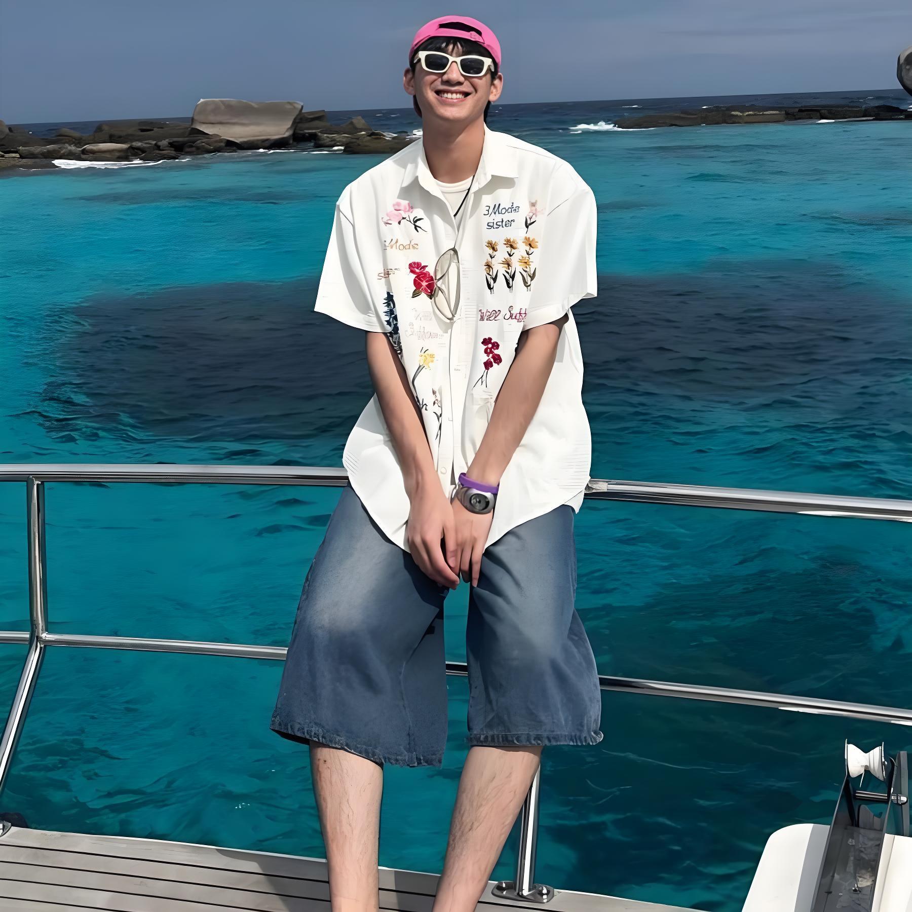 美式復古華夫格寬鬆慵懶風休閒百搭彩色花卉刺繡短袖襯衫