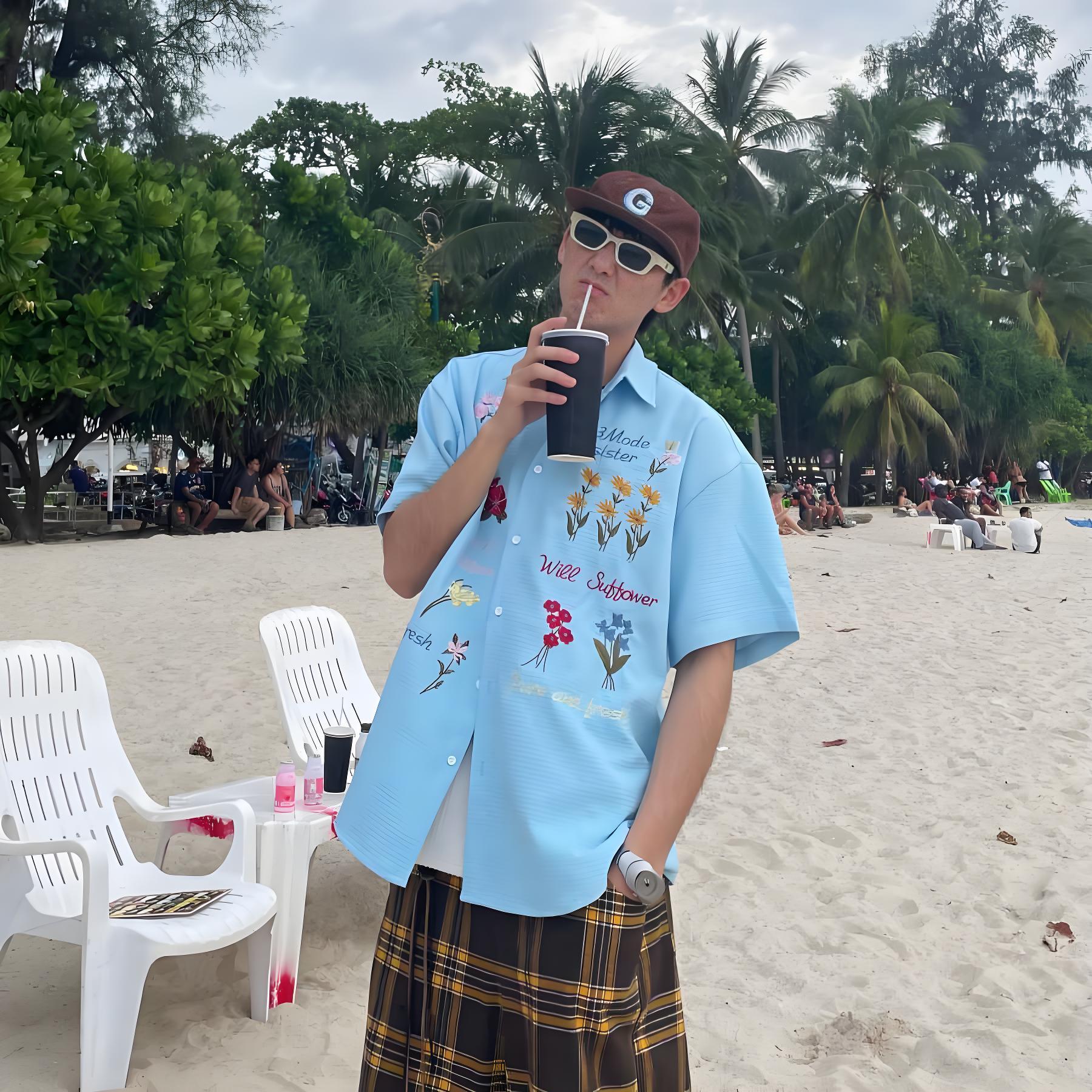 美式復古華夫格寬鬆慵懶風休閒百搭彩色花卉刺繡短袖襯衫