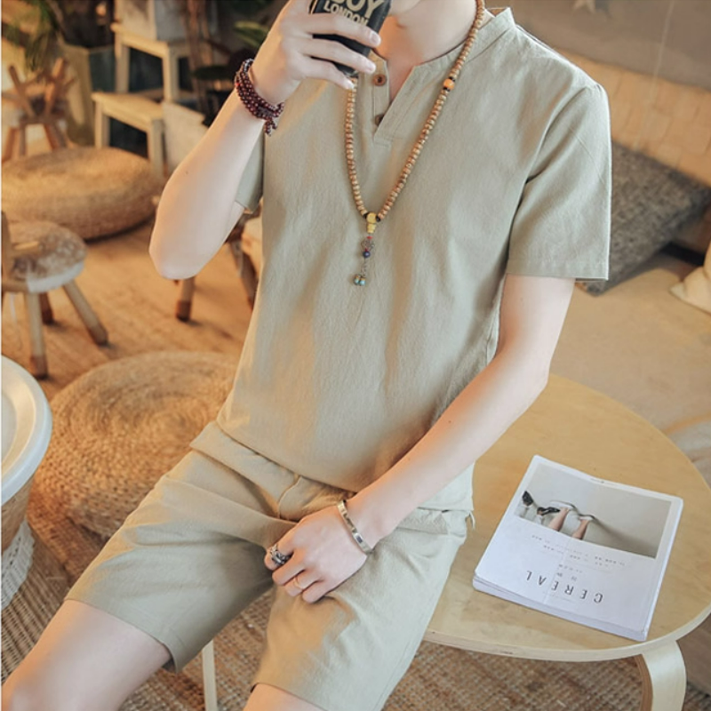 亞麻純色休閒寬鬆中國風復古棉麻v領短袖t恤