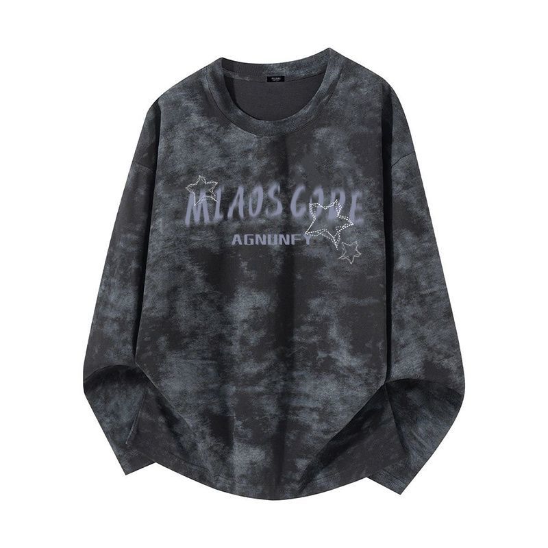 美式高街潮牌寬鬆休閒印花圓領扎染長袖T恤