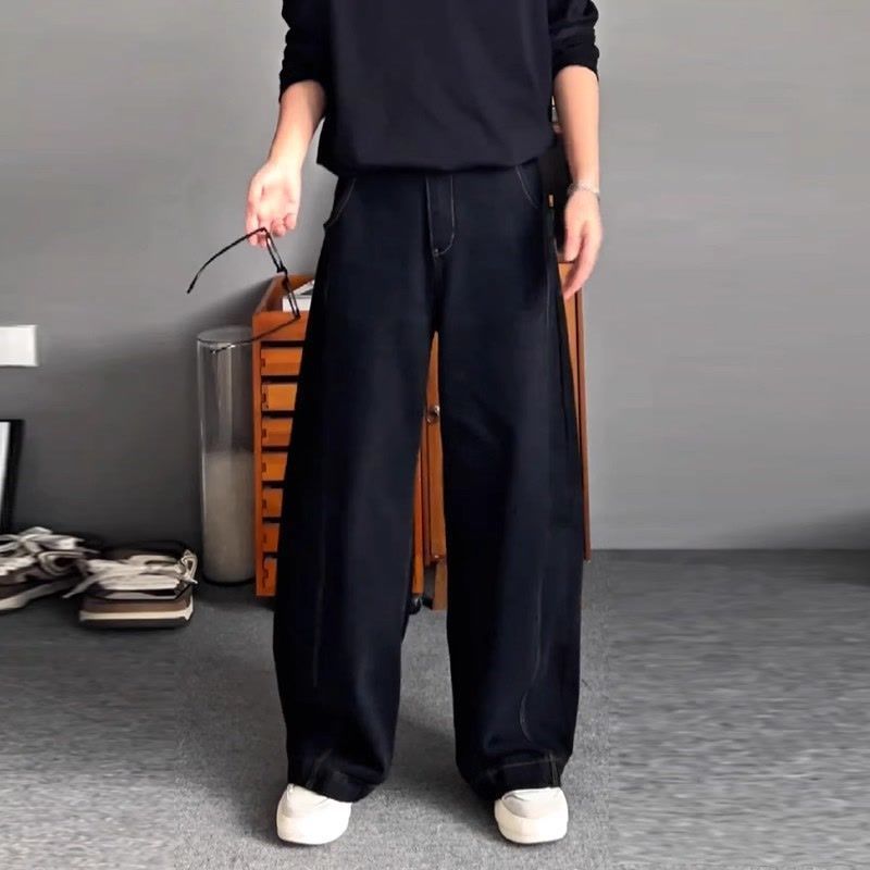 寬版中腰顯瘦百搭大碼闊腿彎刀牛仔褲