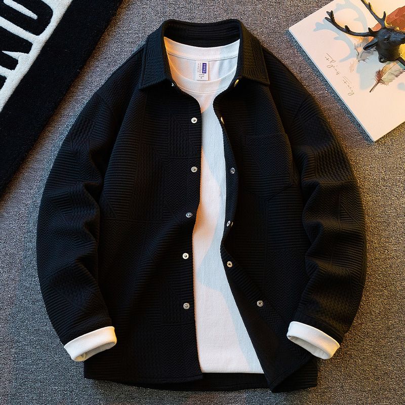 紋理襯衫素色高級感美式休閒寬鬆長袖襯衫外套