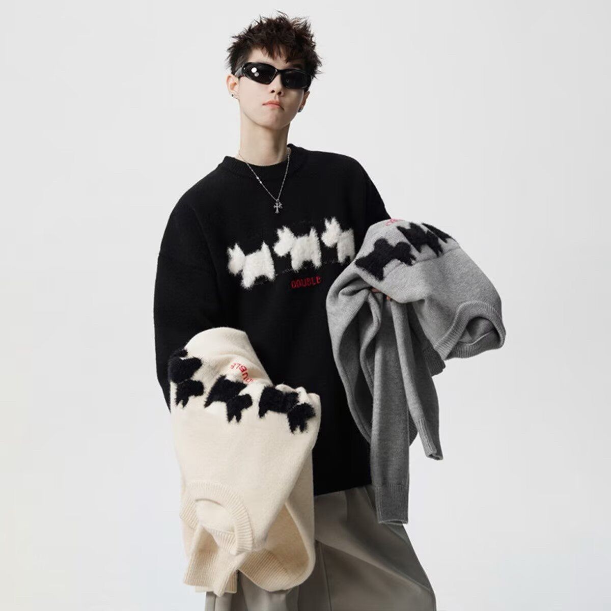 美式重磅高街休閒圓領卡通印花針織毛衣