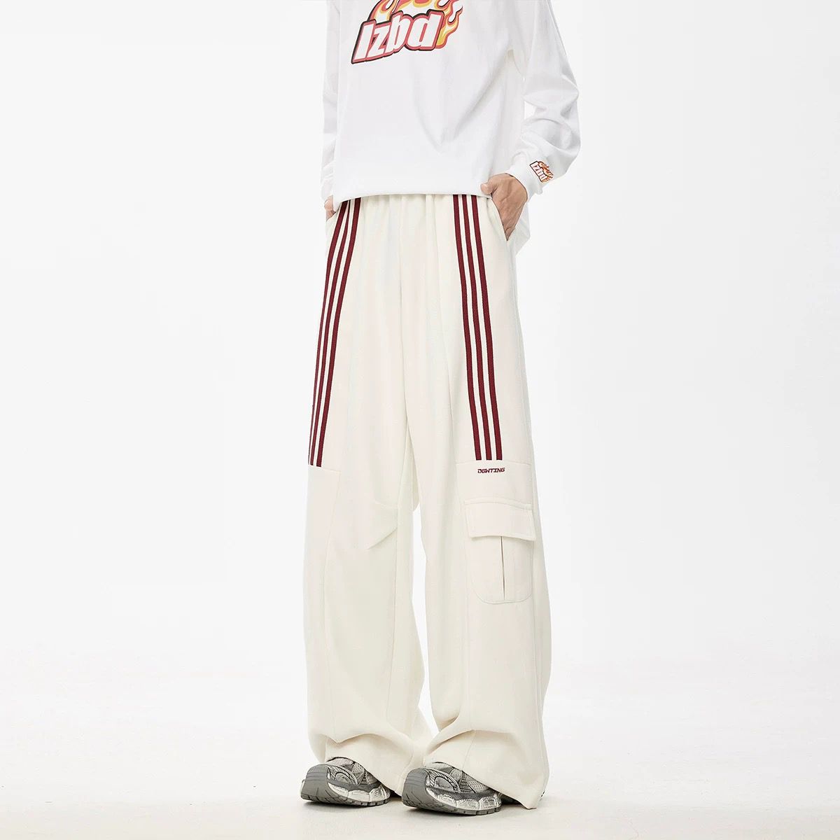 美式三條杠運動多口袋闊腿工裝褲裝