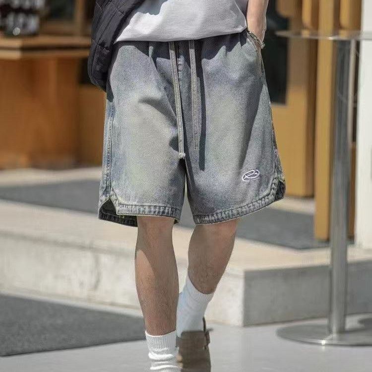 美式復古水洗直筒刺繡休閒五分牛仔短褲