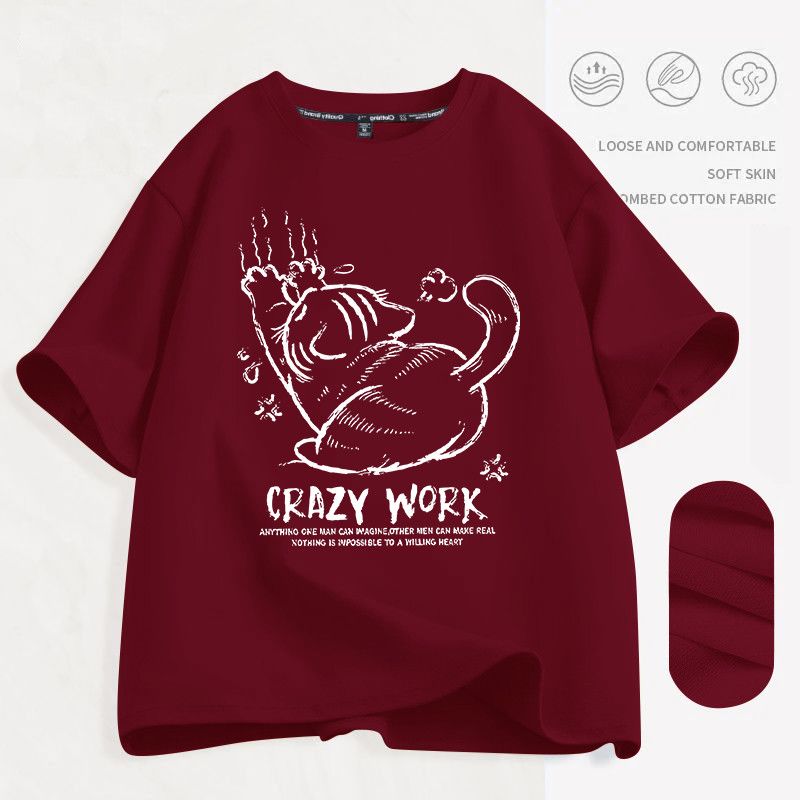 慵懶風貓咪印花純棉寬鬆正肩情侶短袖T恤